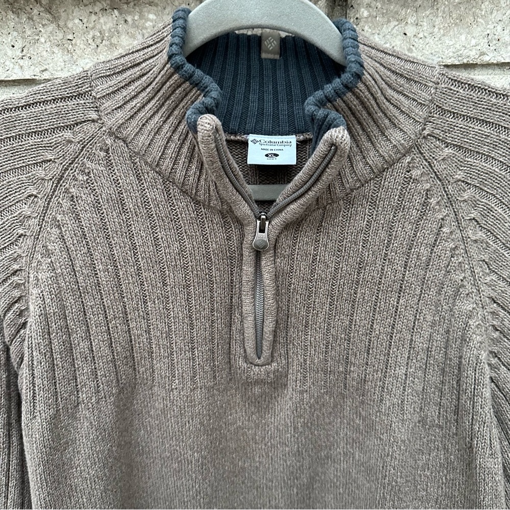 Columbia Men’s Sweater Size XL Brown Taupe Cable Knit Mock Turtleneck 1/4 Zip